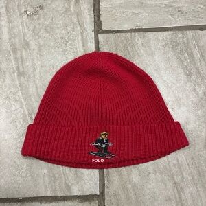 Polo by Ralph Lauren Red Knit Ski Bear Embroidery Beanie Adult One Size Fits All